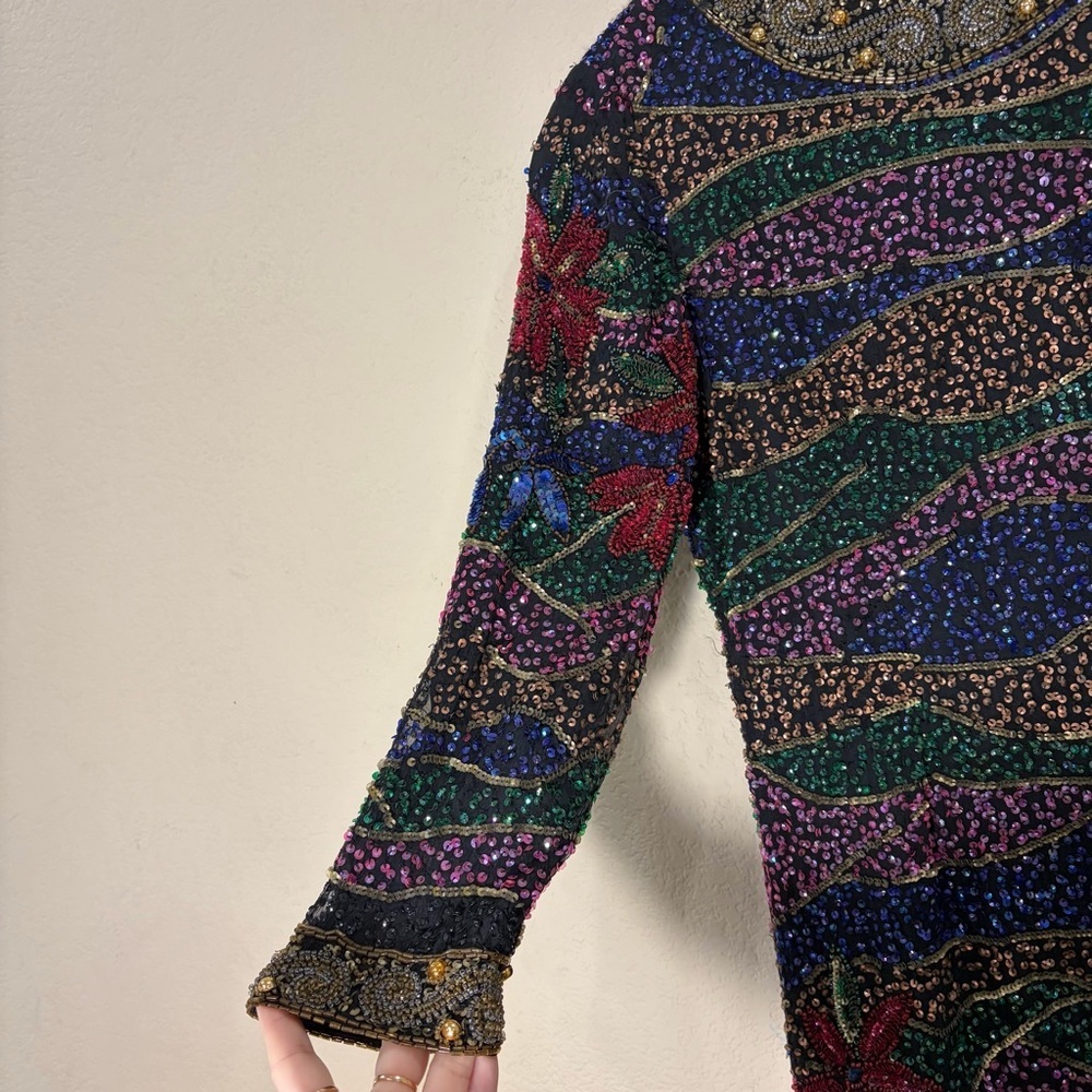 VTG sequined 1980s INDUS V silk beaded Multi Florals disco dress Party 15” PTP - Picture 16 of 16